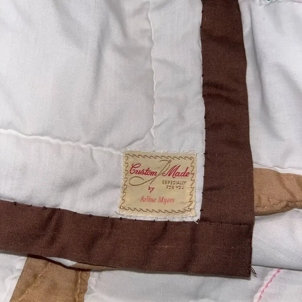 Vtg Queen Quilt Embroidered Rose Motif Patchwork Made By Arline Myers 109x38